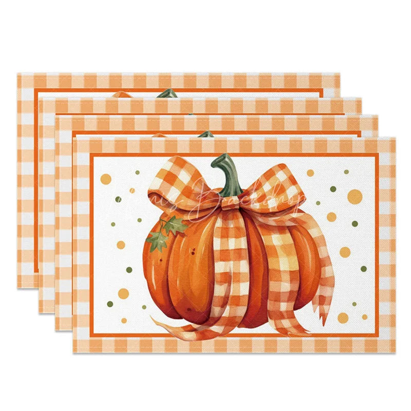Lofaris Orange and White Pumpkin with Bow Set of 4 Placemats for Cute Fall Autumn Themed Kitchen Decor