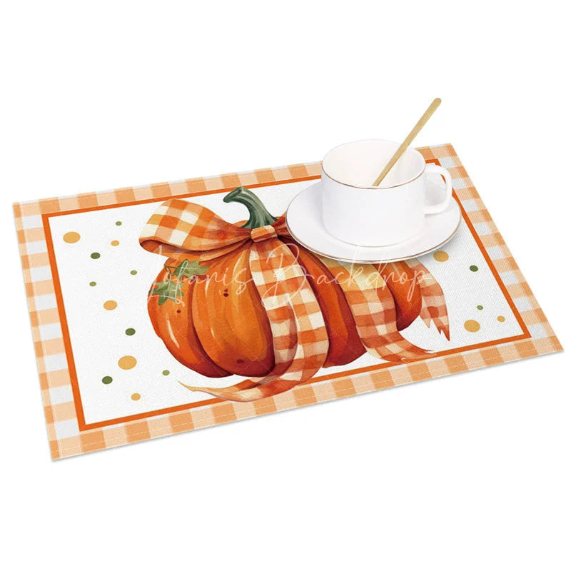 Lofaris Orange and White Pumpkin with Bow Set of 4 Placemats for Cute Fall Autumn Themed Kitchen Decor