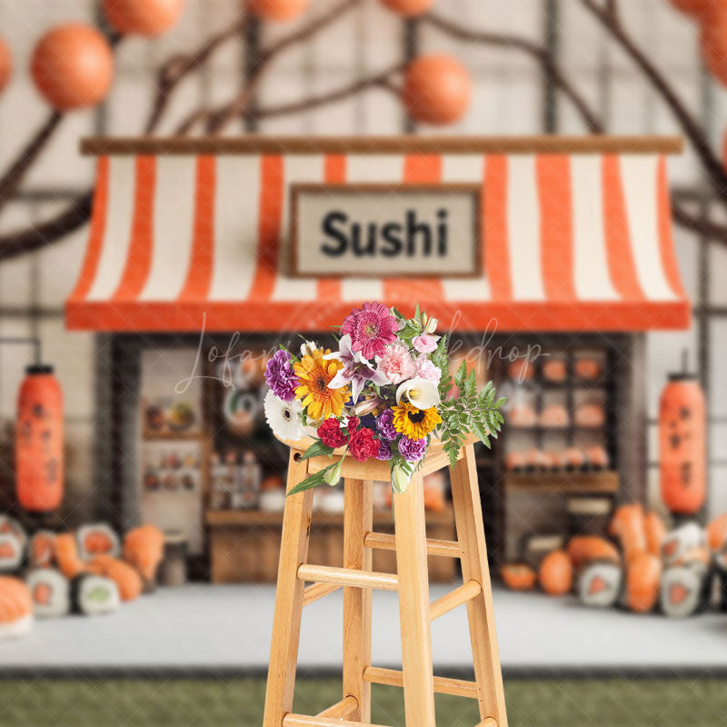 Lofaris Orange Balloons Trunk Sushi Store Cake Smash Backdrop