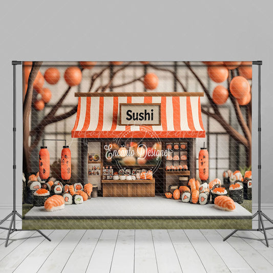 Lofaris Orange Balloons Trunk Sushi Store Cake Smash Backdrop