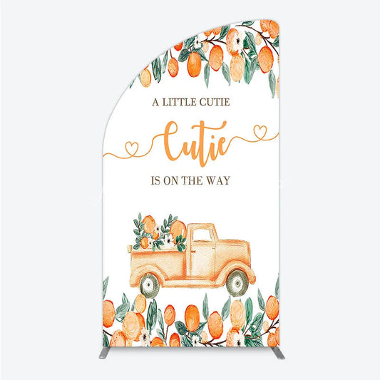 Lofaris Orange Citrus Greenery Half Moon Arch Backdrop with Rustic Truck A Little Cutie Is On The Way Baby Shower Decor