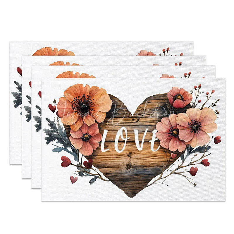 Lofaris Orange Floral Wooden Heart Set of 4 Placemats Love Sign Valentine Decoration Rustic Farmhouse Table Mat