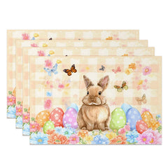 Lofaris Orange Gingham Easter Bunny Set of 4 Placemats Colorful Egg Butterfly Rabbit Table Mats for Spring