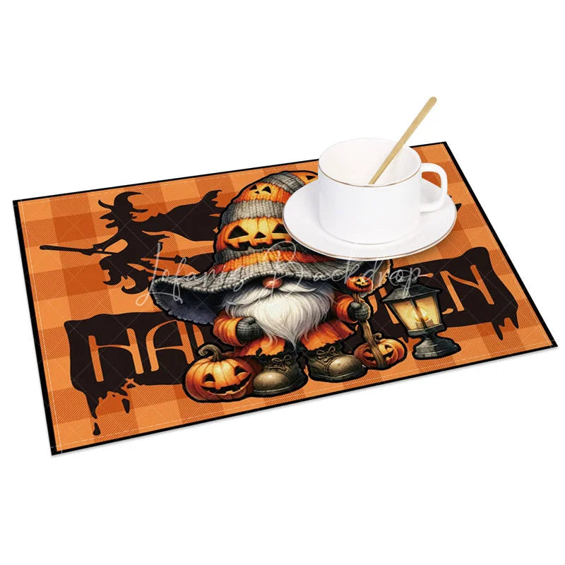 Lofaris Orange Halloween Gnome Set of 4 Placemats with Witch Silhouette for Fun and Spooky Holiday Decor
