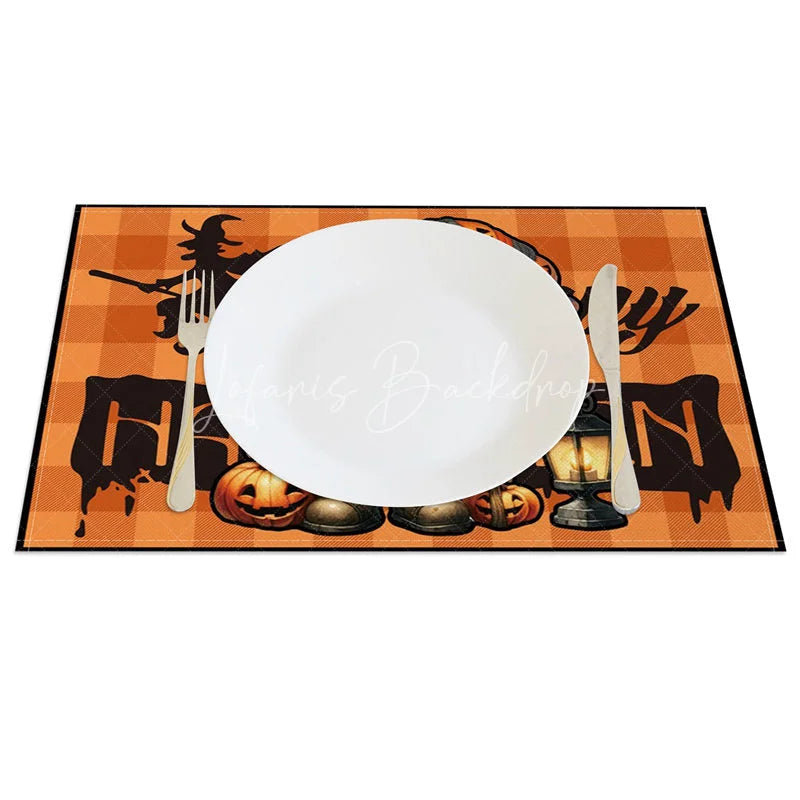 Lofaris Orange Halloween Gnome Set of 4 Placemats with Witch Silhouette for Fun and Spooky Holiday Decor