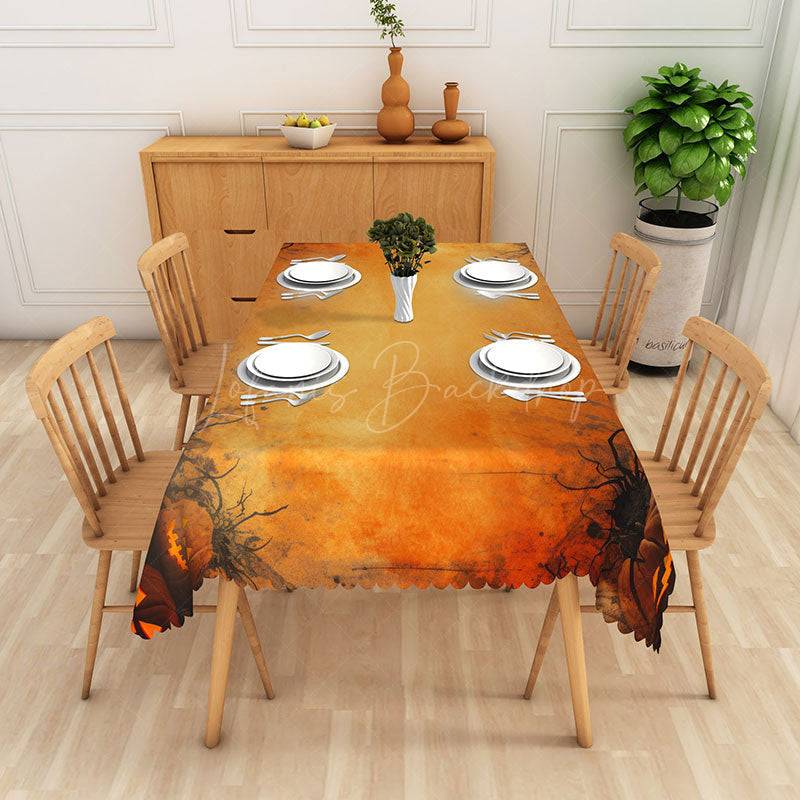 Lofaris Orange Halloween Rectangle Tablecloth with Carved Jack O’ Lanterns for Fall and Spooky Party Decorations