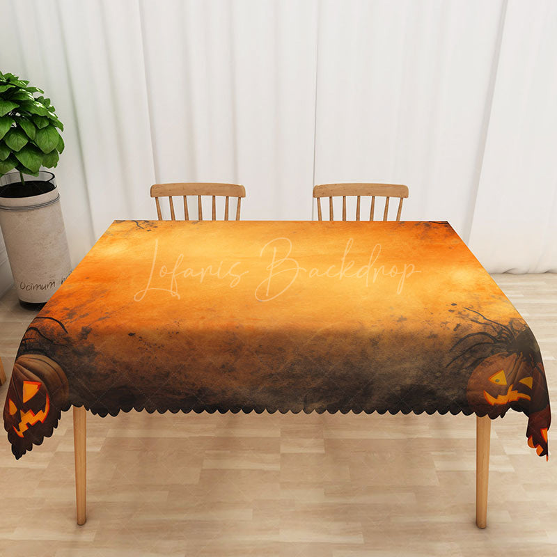 Lofaris Orange Halloween Rectangle Tablecloth with Carved Jack O’ Lanterns for Fall and Spooky Party Decorations