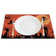 Lofaris Orange Halloween Set of 4 Placemats with Spiderweb Witch and Graveyard for Spooky Party Decor
