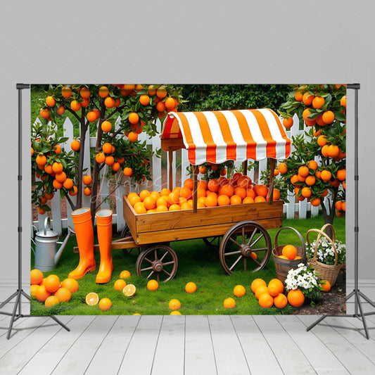 Lofaris Orange Orchard Cart White Fence Photography Backdrop