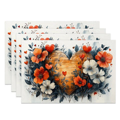 Lofaris Orange White Floral Heart Set of 4 Placemats Wooden Love Valentine Decoration Rustic Spring Table Mat