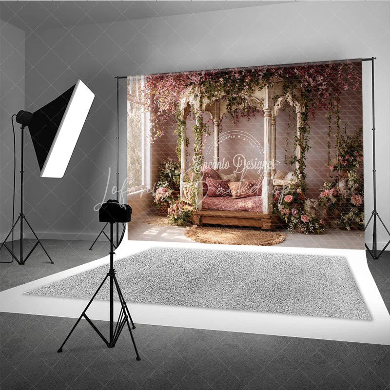 Lofaris Ornate Gazebo Photography Backdrop with Pink Cherry Blossoms and Lush Green Vines Romantic Spring Garden Floral Decor