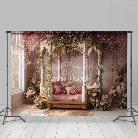 Lofaris Ornate Gazebo Photography Backdrop with Pink Cherry Blossoms and Lush Green Vines Romantic Spring Garden Floral Decor