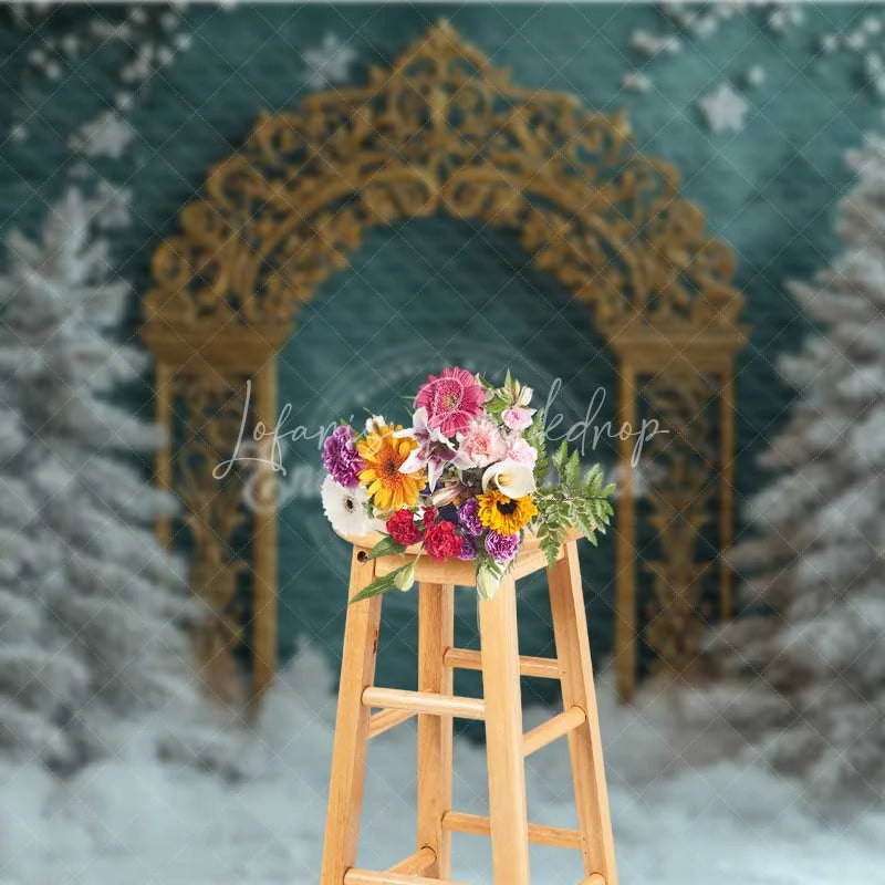Lofaris Ornate Gold Arch Christmas Backdrop Winter Green Wall Snowy Tree Photography Background