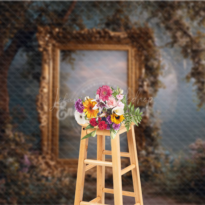 Lofaris Ornate Gold Frame in Enchanted Forest Photography Backdrop Misty Magical Woods Fairytale Wedding Background