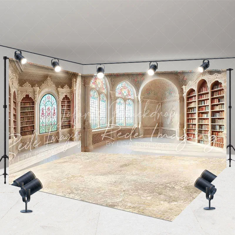 Lofaris Ornate Vintage Library Room Set Backdrop Elegant Arched Windows and Bookshelves Photo Background