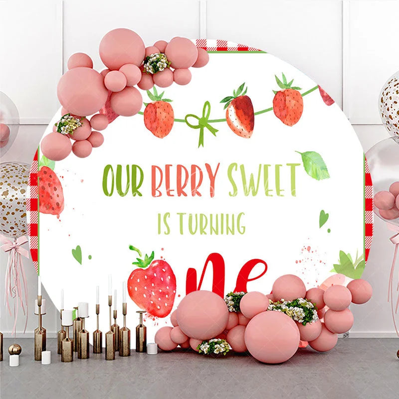 Lofaris Our Berry Sweet is Turning One Round Backdrop Strawberry 1st Birthday Party Decoration