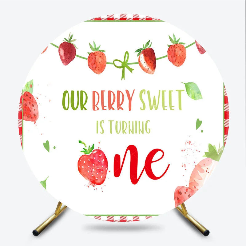 Lofaris Our Berry Sweet is Turning One Round Backdrop Strawberry 1st Birthday Party Decoration