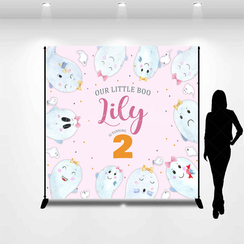 Lofaris Our Little Boo is Turning Two Custom Backdrop Cute Ghost Second Birthday Pink Halloween Themed Party Banner