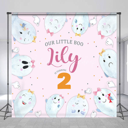 Lofaris Our Little Boo is Turning Two Custom Backdrop Cute Ghost Second Birthday Pink Halloween Themed Party Banner