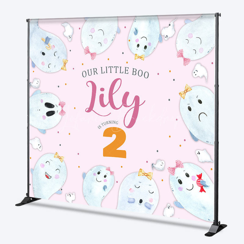 Lofaris Our Little Boo is Turning Two Custom Backdrop Cute Ghost Second Birthday Pink Halloween Themed Party Banner