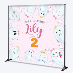 Lofaris Our Little Boo is Turning Two Custom Backdrop Cute Ghost Second Birthday Pink Halloween Themed Party Banner