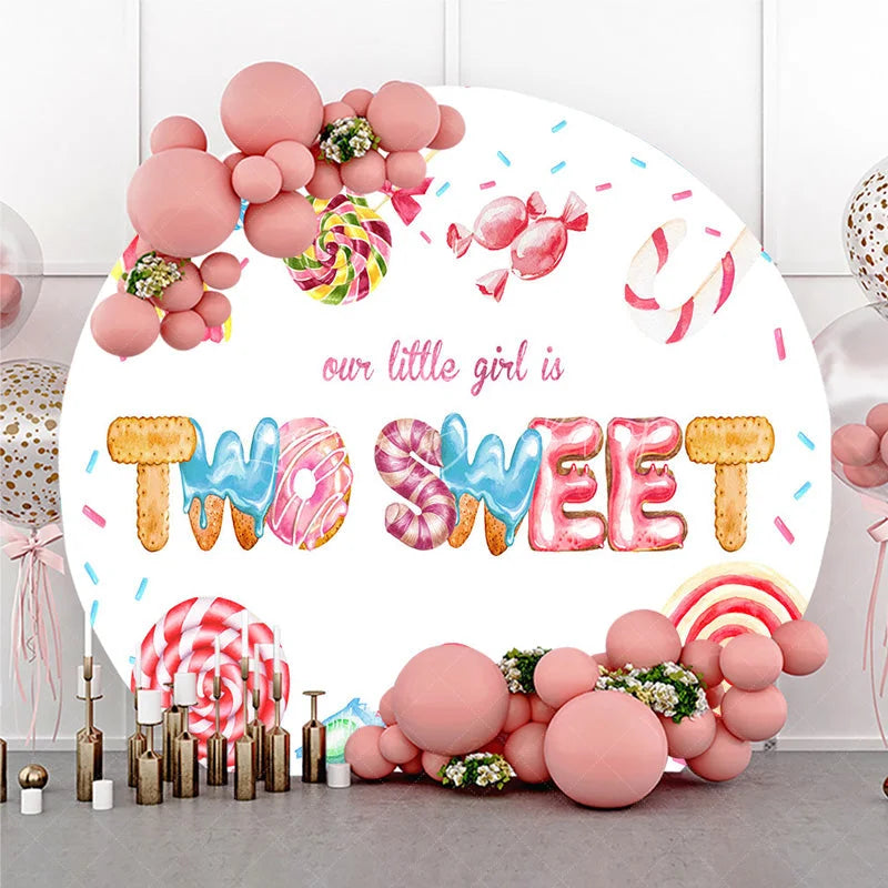Lofaris Our Little Girl is Two Sweet Round Backdrop 2nd Birthday Candyland Theme Donut and Lollipop Party Decor