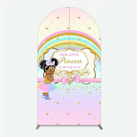 Lofaris Our Little Princess Baby Shower Arch Backdrop Rainbow and Gold Crowns Pink Background African American Girl Party Decor