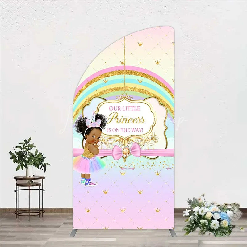 Lofaris Our Little Princess Baby Shower Half Moon Arch Backdrop Rainbow and Gold Crowns Pink Background African American Girl Party Decor
