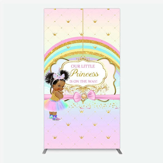 Lofaris Our Little Princess Baby Shower Rectangle Backdrop Rainbow and Gold Crowns Pink Background African American Girl Party Decor