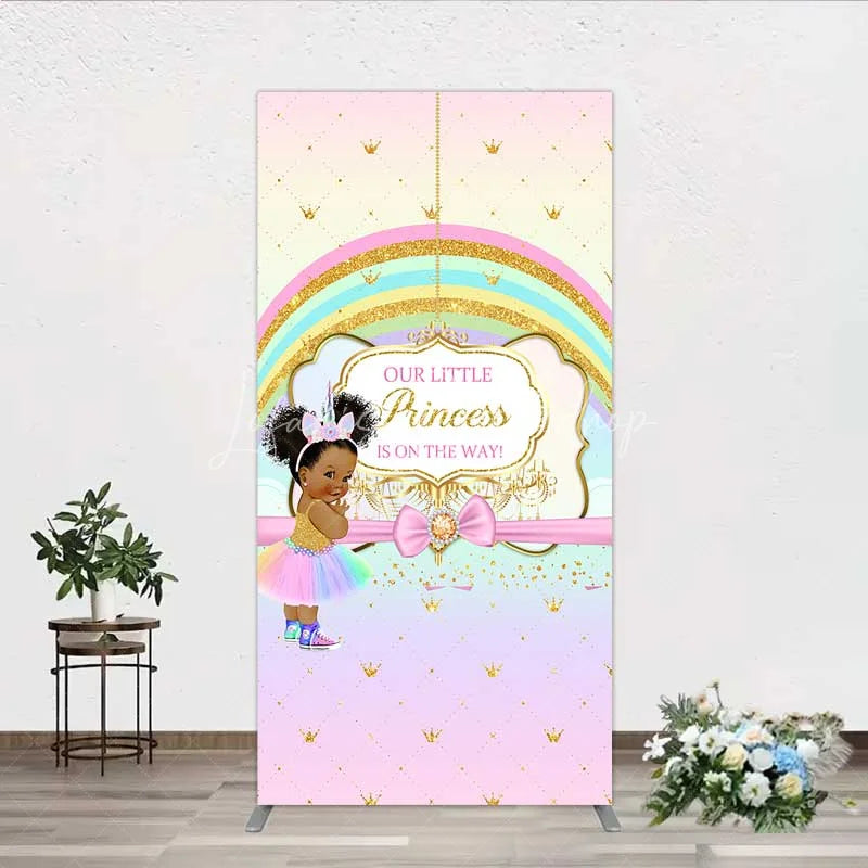 Lofaris Our Little Princess Baby Shower Rectangle Backdrop Rainbow and Gold Crowns Pink Background African American Girl Party Decor