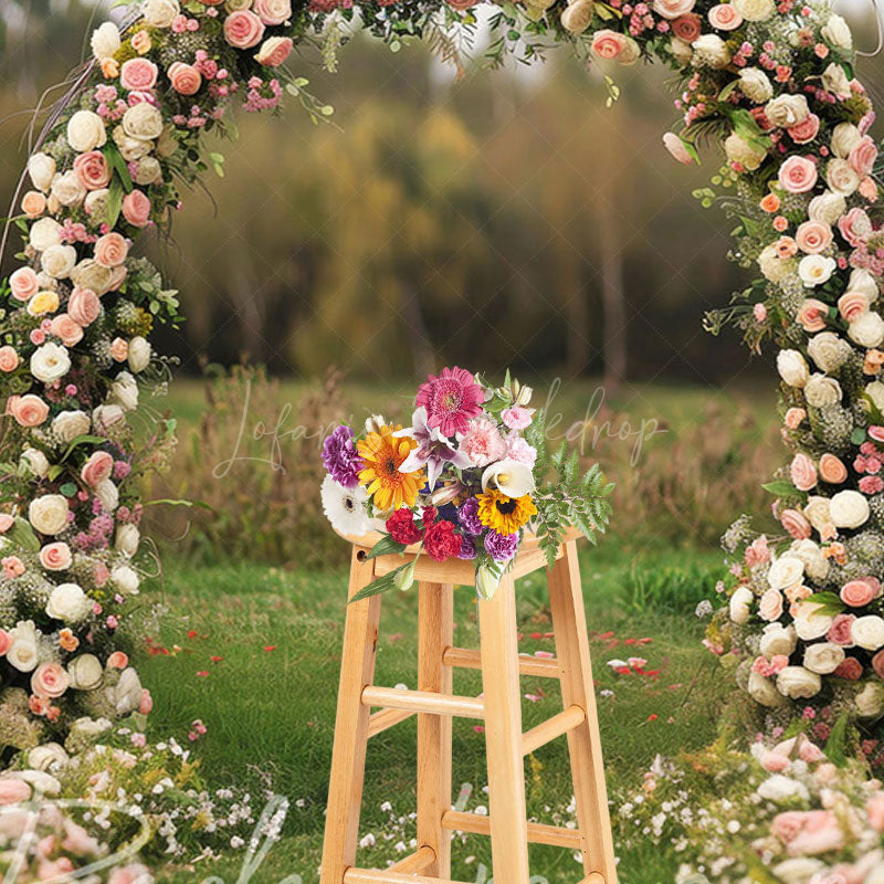 Lofaris Outdoor Floral Arch Grassland Wedding Photo Backdrop