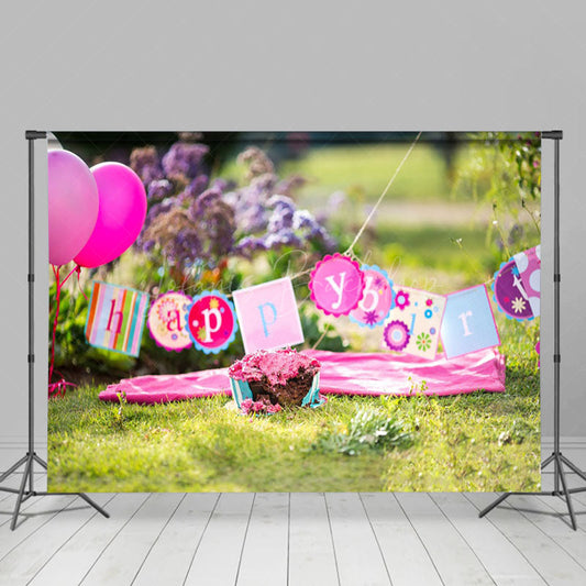 Lofaris Outdoor Grass Floral Birthday Cake Smash Backdrop