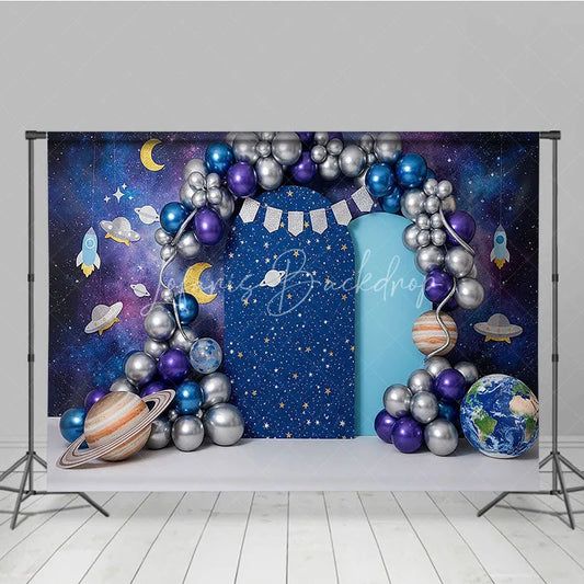 Lofaris Outer Space Galaxy and Planets Backdrop Silver Purple Balloon Arch Astronaut Theme for Boy Birthday