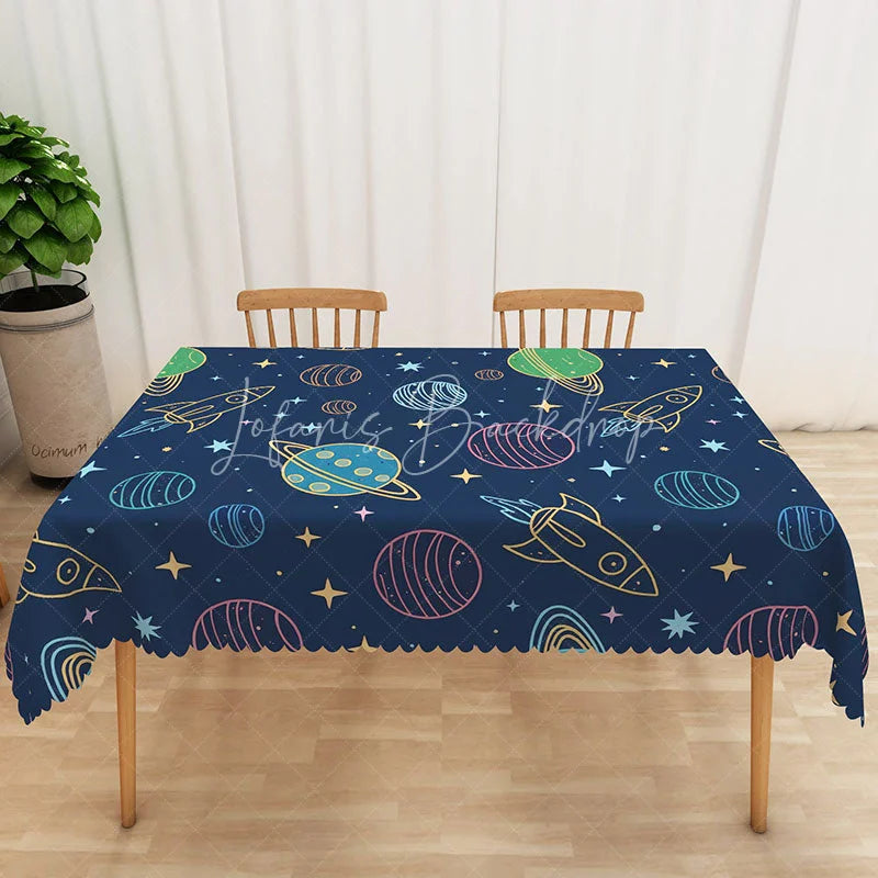 Lofaris Outer Space Planet Rectangle Tablecloth Cartoon Rocket Universe Table Cover Kids Birthday Party Decor