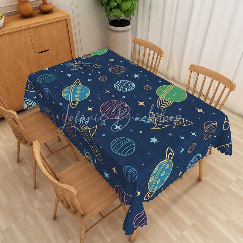Lofaris Outer Space Planet Rectangle Tablecloth Cartoon Rocket Universe Table Cover Kids Birthday Party Decor