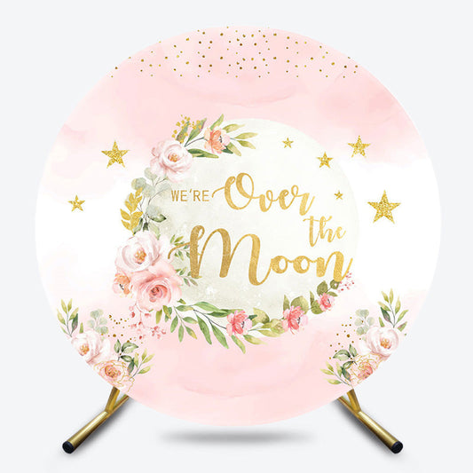 Lofaris Over The Moon Pink Gold Stars Floral Round Backdrop