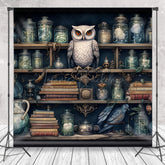 Lofaris Owl in Apothecary Photography Backdrop Magical Wizard Shelf with Jars Fantasy Themed Photo Shoots