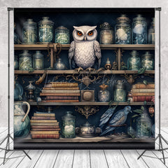 Lofaris Owl in Apothecary Photography Backdrop Magical Wizard Shelf with Jars Fantasy Themed Photo Shoots