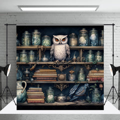 Lofaris Owl in Apothecary Photography Backdrop Magical Wizard Shelf with Jars Fantasy Themed Photo Shoots