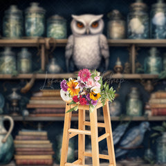 Lofaris Owl in Apothecary Photography Backdrop Magical Wizard Shelf with Jars Fantasy Themed Photo Shoots
