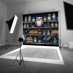 Lofaris Owl in Apothecary Photography Backdrop Magical Wizard Shelf with Jars Fantasy Themed Photo Shoots