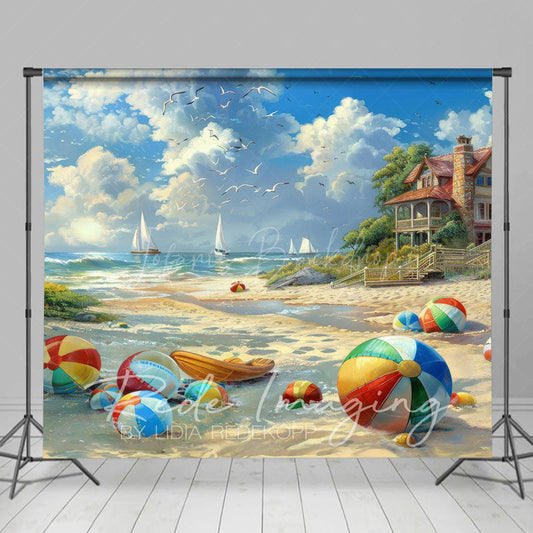 Lofaris Painted Blue Sky Sandy Beach Summer Photo Backdrop