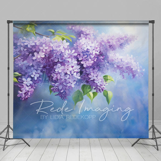 Lofaris Painted Blue Wall Soft Lilacs Floral Photo Backdrop