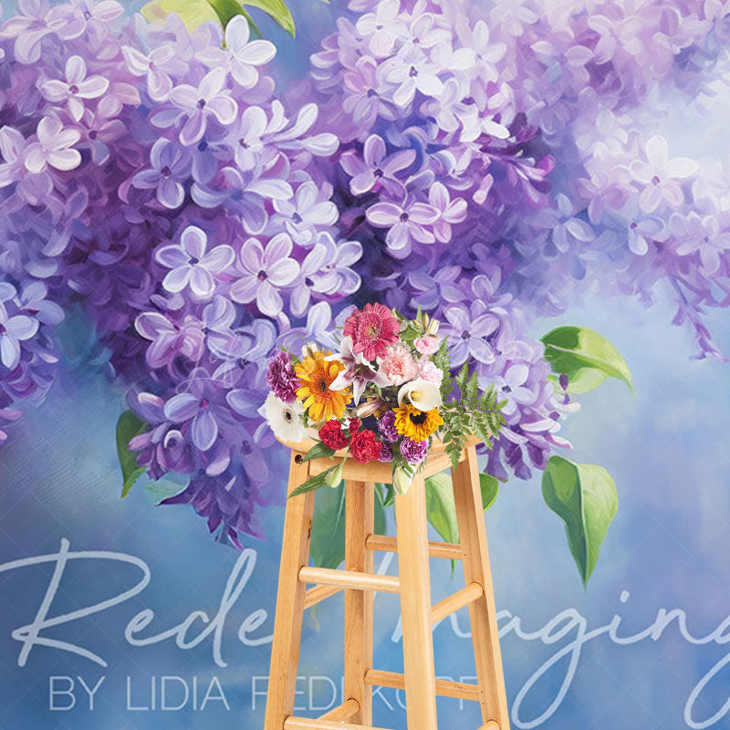 Lofaris Painted Blue Wall Soft Lilacs Floral Photo Backdrop