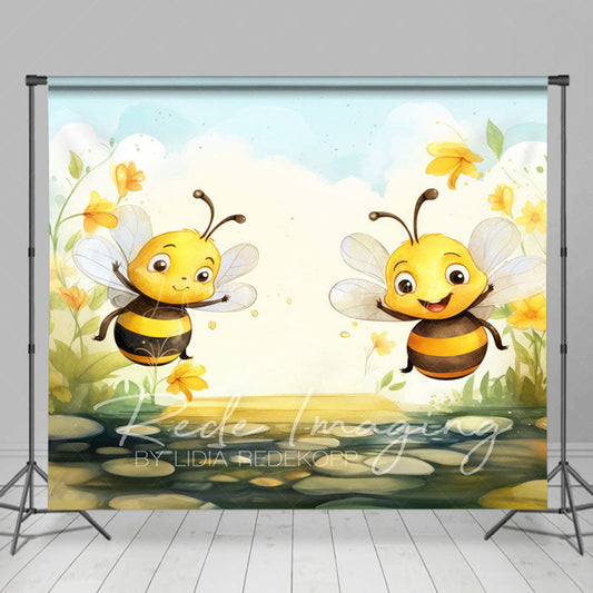 Lofaris Painted Bumblebees Daffodils Cake Smash Backdrop