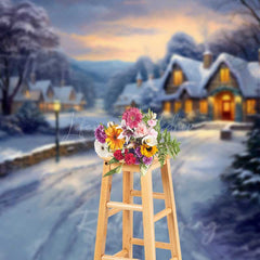 Lofaris Painted Christmas Village Photography Backdrop Snowy Cottages at Sunset Winter Wonderland Holiday Photo Prop