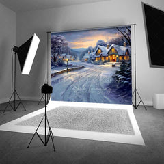 Lofaris Painted Christmas Village Photography Backdrop Snowy Cottages at Sunset Winter Wonderland Holiday Photo Prop