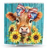 Lofaris Painted Cow Sunflower Teal Wooden Shower Curtain