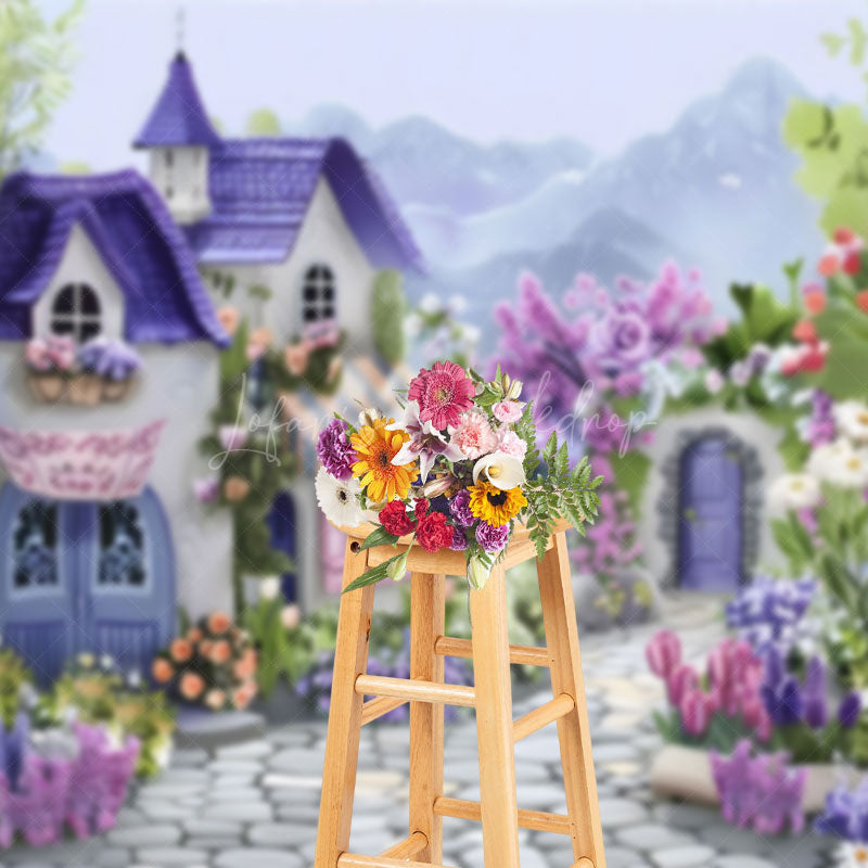 Lofaris Painted Fairy Town Purple Floral Mountain Backdrop