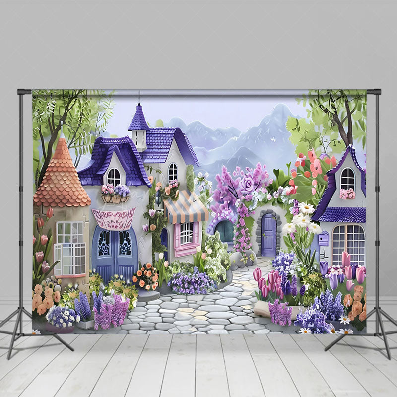 Lofaris Painted Fairy Town Purple Floral Mountain Backdrop